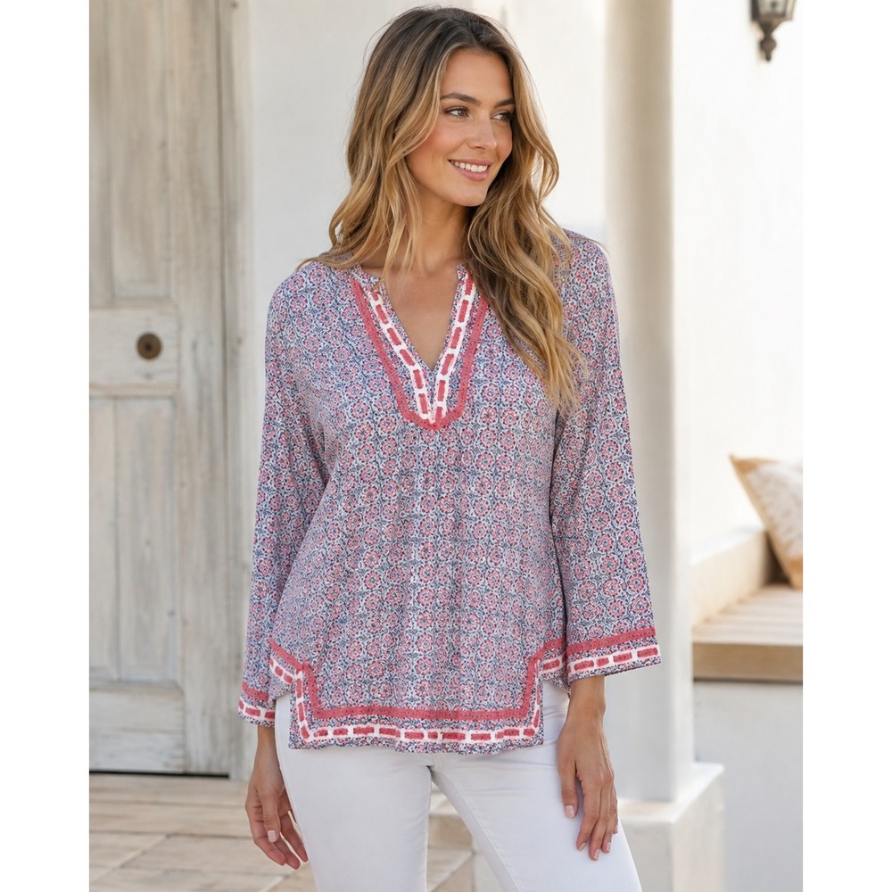 Saint Tropez West Boho Printed Tunic Top Pink Blue Geometric 3/4 Sleeve